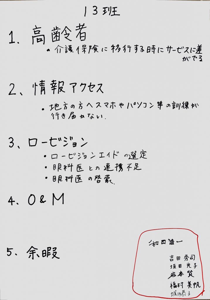 1　高齢者
2　情報アクセス
3　ロービジョン
4　O&M
5　余暇