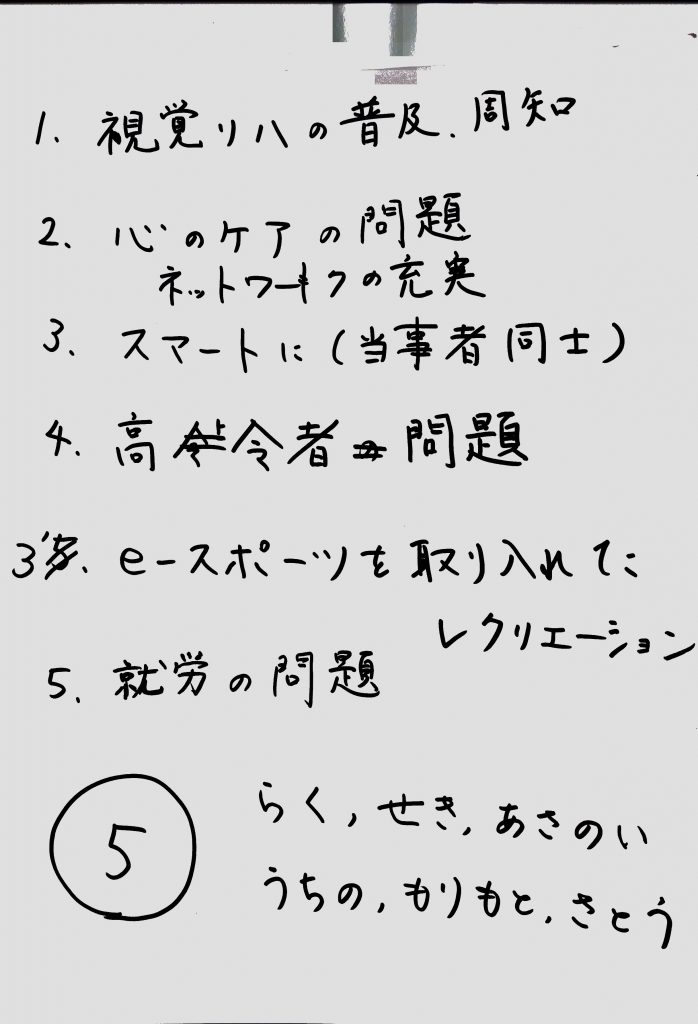 1　視覚リハの普及、周知
2　心のケアの問題
3　スマートに（当事者同士）
4　高齢者問題
5　eスポーツを取り入れたレクリエーション