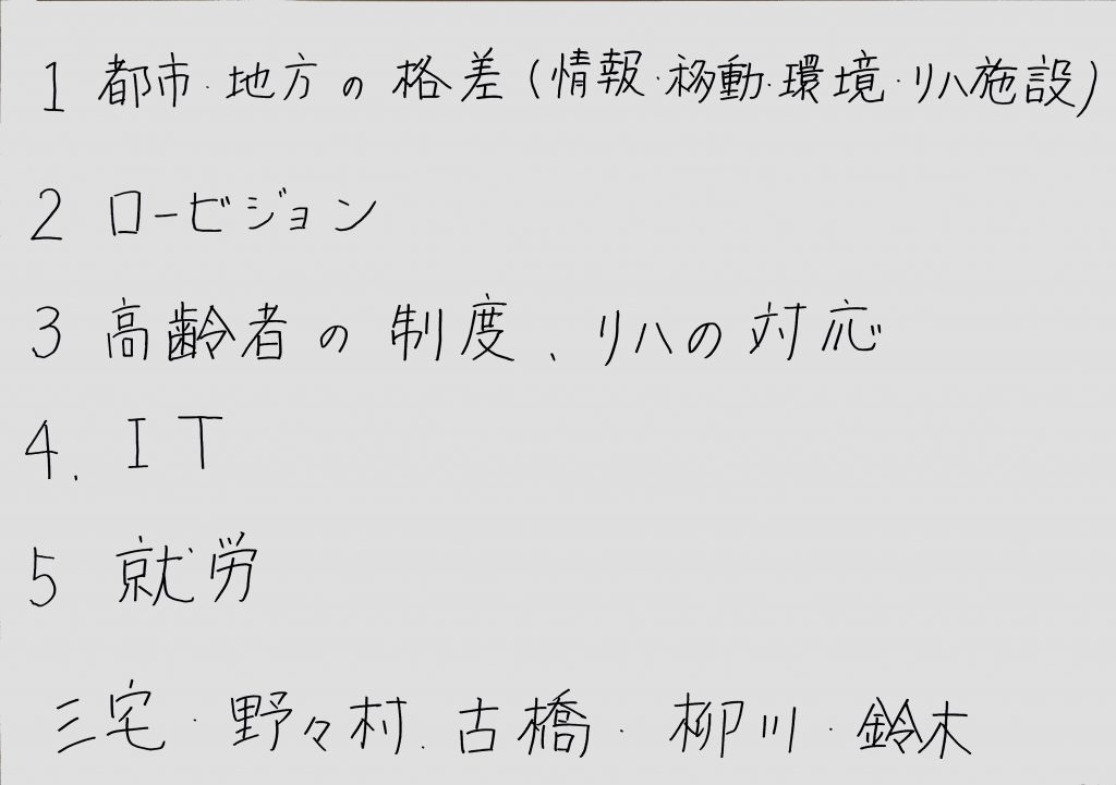 1　都市と地方の格差（情報、移動、環境、リハ施設）
2　ロービジョン
3　高齢者の制度
4　IT
5　就労